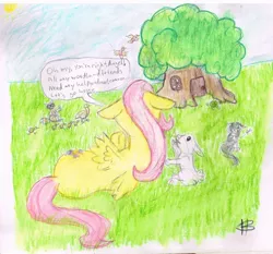 Size: 1280x1192 | Tagged: safe, artist:sabertooth1980, derpibooru import, angel bunny, fluttershy, bird, cat, duck, pegasus, pony, rabbit, raccoon, animal, colored pencil drawing, female, fluttershy's cottage, human to pony, image, jpeg, lying down, male to female, mare, rear view, rule 63, side, speech bubble, traditional art, transformation, transformation sequence, transgender transformation