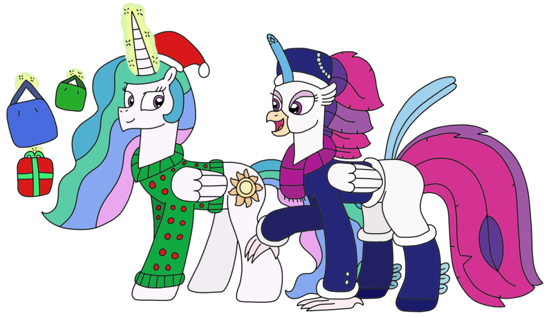 Size: 3180x1834 | Tagged: safe, artist:supahdonarudo, derpibooru import, princess celestia, queen novo, alicorn, classical hippogriff, hippogriff, my little pony: the movie, christmas, clothes, coat, hat, holiday, image, leggings, levitation, magic, png, present, santa hat, scarf, shopping, simple background, sweater, telekinesis, transparent background