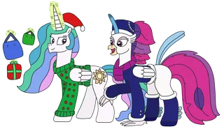 Size: 3180x1834 | Tagged: safe, artist:supahdonarudo, derpibooru import, princess celestia, queen novo, alicorn, classical hippogriff, hippogriff, my little pony: the movie, christmas, clothes, coat, hat, holiday, image, leggings, levitation, magic, png, present, santa hat, scarf, shopping, simple background, sweater, telekinesis, transparent background