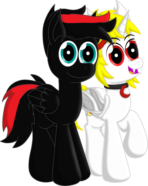 Size: 5188x6516 | Tagged: safe, artist:agkandphotomaker2000, derpibooru import, oc, oc:arnold the pony, oc:lucia nightblood, bat pony, pegasus, pony, derpibooru community collaboration, 2022 community collab, arncia, bat pony oc, bat wings, fangs, image, jewelry, looking at you, mane clip, necklace, oc x oc, png, red and black mane, red and black oc, shipping, simple background, transparent background, wings