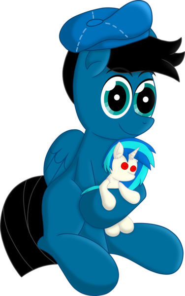 Size: 4060x6472 | Tagged: safe, artist:agkandphotomaker2000, derpibooru import, vinyl scratch, oc, oc:pony video maker, pegasus, pony, derpibooru community collaboration, 2022 community collab, director's hat, image, looking at you, male, plushie, png, simple background, sitting, transparent background