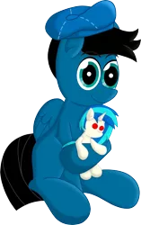 Size: 4060x6472 | Tagged: safe, artist:agkandphotomaker2000, derpibooru import, vinyl scratch, oc, oc:pony video maker, pegasus, pony, derpibooru community collaboration, 2022 community collab, director's hat, image, looking at you, male, plushie, png, simple background, sitting, transparent background