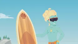 Size: 1920x1080 | Tagged: safe, derpibooru import, screencap, gladys, zephyr breeze, blue crushed, equestria girls, equestria girls series, clothes, image, jpeg, male, partial nudity, stupid sexy zephyr breeze, sunglasses, surfboard, topless, zephyr's necklace