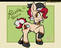 Size: 3800x3000 | Tagged: safe, artist:mrcapriccio, derpibooru import, oc, oc:ricotta tossica, earth pony, pony, abstract background, clothes, female, full body, hat, high res, image, jewelry, jpeg, looking at you, mare, necklace, raised hoof, shoes, solo