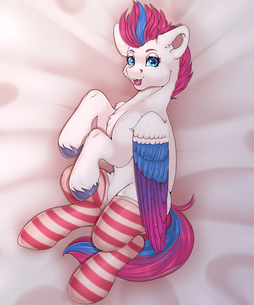 Size: 2756x3307 | Tagged: safe, artist:creed larsen, derpibooru import, zipp storm, pegasus, pony, clothes, fluffy, g5, image, looking at you, lying, open mouth, png, sheet, socks, stockings, thigh highs, underhoof, wings