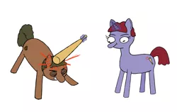 Size: 3000x1900 | Tagged: safe, artist:potatoconnoisseur, derpibooru import, oc, oc:assaultina, oc:smelly bigshit, unofficial characters only, earth pony, pony, unicorn, abuse, baseball bat, bonk, derp, derpibooru exclusive, duo, female, hitting, image, male, oc abuse, png, simple background, white background