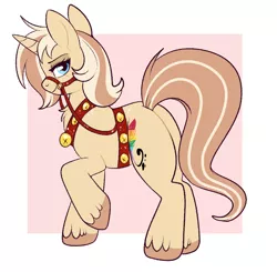 Size: 866x848 | Tagged: safe, artist:lulubell, derpibooru import, oc, oc:lulubell, unofficial characters only, pony, unicorn, female, harness, horn, image, jingle bells, looking at you, mare, png, raised hoof, side view, smiling, smiling at you, solo, tack, unicorn oc