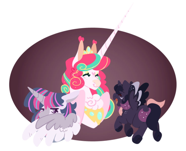 Size: 749x611 | Tagged: safe, artist:joburii, derpibooru import, princess flurry heart, oc, oc:borealis, oc:cacophony catasttrophe, alicorn, pony, image, magical lesbian spawn, offspring, older, parent:applejack, parent:princess cadance, parent:shining armor, parent:twilight sparkle, parents:shiningcadance, parents:twijack, png