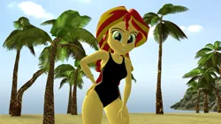 Size: 1920x1080 | Tagged: safe, artist:mr.uberrebu25, derpibooru import, sunset shimmer, equestria girls, 3d, beach, beach babe, black swimsuit, breasts, busty sunset shimmer, clothes, hand on hip, image, leotard, one-piece swimsuit, png, solo, swimsuit