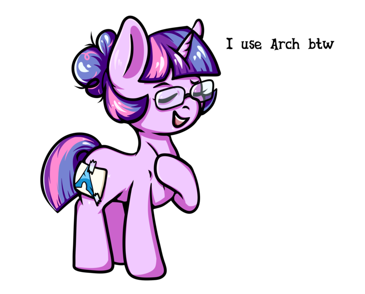 Size: 3744x3010 | Tagged: safe, artist:coco-drillo, derpibooru import, sci-twi, twilight sparkle, ponified, pony, unicorn, equestria girls, arch linux, equestria girls ponified, eyes closed, fake cutie mark, glasses, hoof on chest, image, linux, meme, messy bun, messy mane, nerd, open mouth, open smile, png, proud, simple background, smiling, smug, smuglight sparkle, solo, standing, text, transparent background, unicorn sci-twi