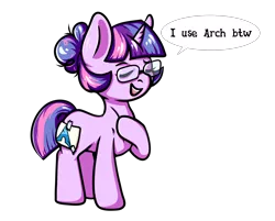 Size: 3744x3010 | Tagged: safe, artist:coco-drillo, derpibooru import, sci-twi, twilight sparkle, ponified, pony, unicorn, equestria girls, arch linux, equestria girls ponified, eyes closed, fake cutie mark, glasses, hoof on chest, image, linux, meme, messy bun, messy mane, nerd, open mouth, open smile, png, proud, simple background, smiling, smug, smuglight sparkle, solo, standing, text, transparent background, unicorn sci-twi