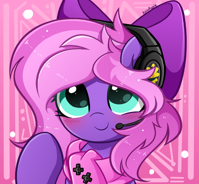 Size: 4696x4352 | Tagged: safe, artist:kittyrosie, derpibooru import, oc, oc:lillybit, adorkable, blushing, bow, clothes, cute, dork, gaming headset, headphones, headset, image, png, ribbon, scarf, smiling