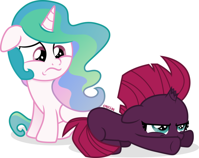 Size: 2422x1928 | Tagged: safe, artist:cirillaq, derpibooru import, princess celestia, tempest shadow, pony, cewestia, female, filly, filly tempest shadow, image, png, simple background, transparent background, younger