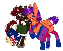 Size: 1000x800 | Tagged: safe, artist:valkiria, derpibooru import, oc, oc:figjam outback, oc:jade harmony, unofficial characters only, pegasus, pony, unicorn, derpibooru community collaboration, 2022 community collab, australia, bandana, bisexual pride flag, boots, clothes, duo, ear piercing, earring, face paint, female, flag, image, jewelry, mare, markings, mouth hold, piercing, png, pride, pride flag, raised hoof, raised leg, shirt, shoes, shorts, simple background, socks, striped socks, tankto, transparent background, unshorn fetlocks