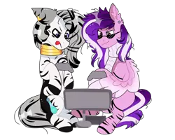 Size: 1000x800 | Tagged: safe, artist:valkiria, derpibooru import, oc, oc:rain sunburst, oc:zilko spices, unofficial characters only, pegasus, pony, zebra, derpibooru community collaboration, 2022 community collab, clothes, console, controller, duo, ear piercing, earring, female, gaming, image, jewelry, male, mare, markings, monitor, neck rings, piercing, png, scarf, simple background, sitting, sunglasses, tongue out, transparent background, video game, wing hands, wings, zebra oc