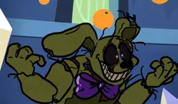 Size: 672x396 | Tagged: semi-grimdark, artist:shockarock, derpibooru import, rabbit, what about discord?, animal, animatronic, bowtie, five nights at freddy's, food, grin, hands up, image, jpeg, male, orange, scene interpretation, smiling, springtrap, story included