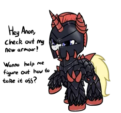 Size: 1001x937 | Tagged: safe, artist:neuro, oc, unnamed oc, unofficial characters only, pony, unicorn, armor, dialogue, female, guardsmare, heavy armor, helmet, implied anon, looking at you, mare, open mouth, royal guard, simple background, solo, spiked armor, transparent background