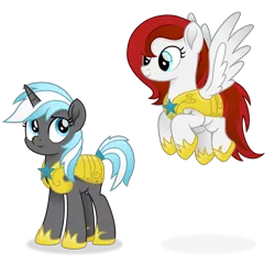 Size: 4517x4322 | Tagged: safe, artist:cirillaq, oc, oc:feather scarf, oc:star dusk, unofficial characters only, pegasus, pony, unicorn, absurd resolution, armor, duo, female, flying, freckles, guardsmare, horn, image, mare, png, royal guard, royal guard armor, simple background, spread wings, transparent background, wings
