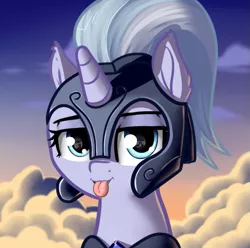 Size: 561x556 | Tagged: safe, artist:neuro, silver sable, pony, unicorn, armor, bust, cloud, eye reflection, female, guardsmare, helmet, lidded eyes, looking at you, mare, mlem, reflection, royal guard, silly, solo, tongue out