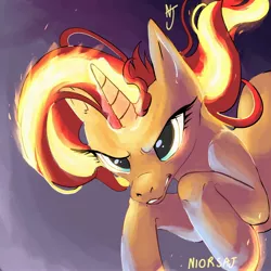 Size: 2000x2000 | Tagged: safe, artist:niorsaj, sunset shimmer, pony, unicorn, angry, female, fiery shimmer, fire, mane of fire, mare, scary, serious, serious face, signature, solo, this will end in pain