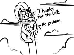 Size: 1171x872 | Tagged: safe, artist:neuro, silver sable, oc, earth pony, pony, unicorn, armor, black and white, cloud, dialogue, duo, female, grayscale, guardsmare, helmet, horn, long neck, mare, monochrome, riding on head, royal guard