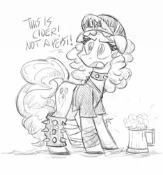 Size: 1123x1200 | Tagged: safe, artist:flutterthrash, pinkie pie, earth pony, pony, bandage, bandaged leg, black and white, cap, choker, cider, clothes, dialogue, disappointed, female, floppy ears, grayscale, hat, mare, monochrome, solo, song reference, spiked anklets, spiked choker, suicidal tendencies