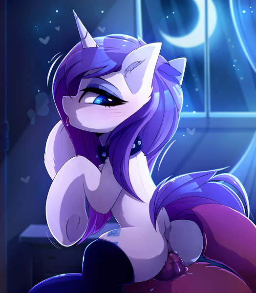Size: 2823x3230 | Tagged: source needed, explicit, artist:magnaluna, big macintosh, rarity, pony, unicorn, alternate hairstyle, anus, bedroom eyes, blushing, chest fluff, collar, cowgirl position, dock, dock fluff, drool, ear fluff, female, male, moon, nudity, paywall content, penetration, reverse cowgirl, sex, straight, tail aside, tongue out, underhoof, vaginal, vulva