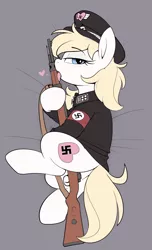 Size: 1317x2166 | Tagged: source needed, suggestive, artist:shinodage, oc, oc:aryanne, unofficial characters only, earth pony, pony, bedroom eyes, blushing, clothes, female, gun, hat, heart, iron cross, licking, looking at you, mare, nazi, nazi uniform, open mouth, rifle, solo, solo female, solo mare, tongue out, uniform, weapon