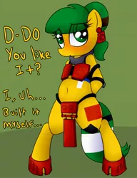 Size: 2000x2600 | Tagged: suggestive, artist:datte-before-dawn, oc, oc:blocky bits, unofficial characters only, earth pony, pony, belly button, bipedal, blushing, bra, bra on pony, chubby, clothes, collar, dialogue, eye clipping through hair, female, lego, loincloth, looking away, mare, slave outfit, solo, talking to viewer, underwear