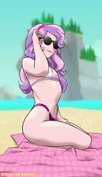 Size: 883x1536 | Tagged: source needed, useless source url, suggestive, artist:rambon7, sweetie belle, human, equestria girls, bare shoulders, belly button, bikini, blurred background, bra, breasts, clothes, female, humanized, kneeling, lips, long hair, multicolored hair, older, older sweetie belle, panties, patreon, simple background, solo, solo female, sunglasses, swimsuit, towel, underwear, watermark