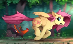 Size: 2410x1435 | Tagged: safe, artist:yakovlev-vad, fluttershy, bird, chicken, pegasus, pony, animal, chase, forest, open mouth, rooster, tree