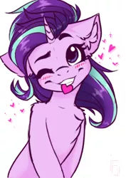 Size: 1345x1900 | Tagged: safe, artist:falafeljake, starlight glimmer, unicorn, blushing, female, heart, holiday, mouth hold, one eye closed, simple background, solo, valentine's day, wink