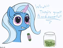 Size: 1631x1238 | Tagged: safe, artist:pinkchalk, trixie, pony, unicorn, dialogue, drawthread, eating, female, food, glowing horn, horn, jar, looking at you, magic, mare, pickle, pickle jar, requested art, simple background, solo, talking to viewer, telekinesis, white background