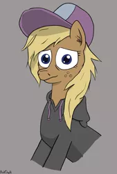 Size: 2570x3798 | Tagged: safe, artist:pinkchalk, oc, oc:hay bale, unofficial characters only, earth pony, pony, baseball cap, cap, clothes, ear fluff, female, freckles, gray background, hat, hoodie, looking at you, mare, simple background, solo