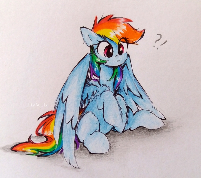 Size: 2748x2432 | Tagged: safe, artist:liaaqila, rainbow dash, pegasus, pony, exclamation point, female, mare, question mark, simple background, sitting, solo, traditional art, white background