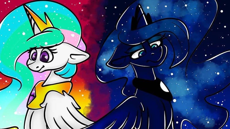 Size: 1080x608 | Tagged: safe, artist:tessa_key_, princess celestia, princess luna, alicorn, pony, duo, ethereal mane, eyelashes, female, horn, jewelry, mare, night, peytral, siblings, sisters, starry mane, stars, sunset, tiara, wings