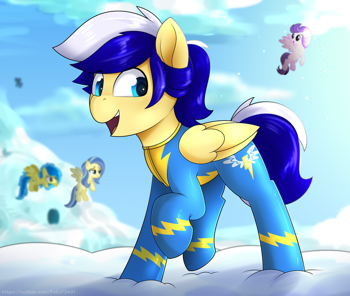 Size: 6500x5500 | Tagged: safe, artist:felixf, derpibooru import, clear skies, sunshower, oc, oc:animatedpony, unnamed oc, pegasus, pony, clothes, commission, female, image, looking at you, mare, pegasus oc, png, raised hoof, smiling, solo, uniform, wings, wonderbolts, wonderbolts uniform, ych result