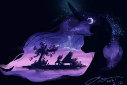 Size: 3000x2000 | Tagged: safe, artist:musical ray, artist:musicalray, manebooru import, princess luna, alicorn, pony, g4, beautiful, black background, female, image, island, mare, moon, musical instrument, night, outline, piano, png, silhouette, simple background, stars