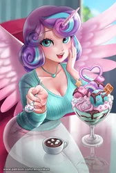 Size: 805x1200 | Tagged: safe, artist:racoonsan, princess flurry heart, alicorn, human, alicorn humanization, big breasts, blue eyes, blue hair, breasts, busty flurry heart, chair, chocolate, cleavage, clothes, cloud, cup, cute, dessert, drink, eyebrows visible through hair, eyelashes, female, fingernails, flurrybetes, food, glass, heart, holiday, horn, horned humanization, hot chocolate, humanized, ice cream, indoors, jewelry, looking at you, marshmallow, multicolored hair, necklace, older, older flurry heart, open mouth, pants, purple hair, sitting, sky, solo, spoon, spread wings, table, teeth, text, tongue out, tree, valentine's day, winged humanization, wings