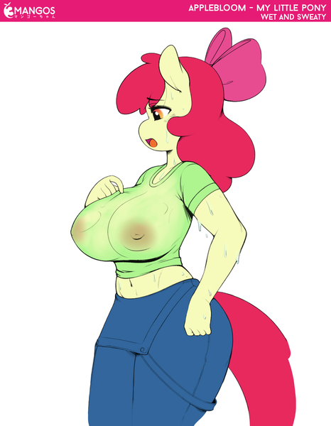 Size: 1065x1370 | Tagged: 4chan, anonymous editor, anthro, apple bloom, apple bloom's bow, artist:3mangos, big breasts, bow, breasts, busty apple bloom, clothes, colored, color edit, edit, female, hair bow, huge breasts, nudity, older, overalls, questionable, see-through, shirt, solo, solo female, sweat, /trash/, wet