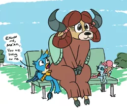 Size: 806x696 | Tagged: safe, artist:jargon scott, gallus, ocellus, yona, changedling, changeling, gryphon, yak, bench, bow, dialogue, female, ice cream cone, male, oblivious, poking, sitting, speech bubble