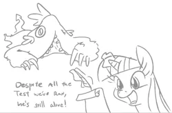 Size: 652x427 | Tagged: semi-grimdark, artist:jargon scott, spike, twilight sparkle, dragon, pony, unicorn, abuse, dialogue, grammar error, made in abyss, magic, mitty, monochrome, quill, scroll, simple background, spikeabuse, what has science done, white background, writing