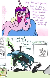 Size: 918x1426 | Tagged: safe, artist:jargon scott, princess cadance, queen chrysalis, alicorn, changeling, changeling queen, pony, cadance's pizza delivery, crossed legs, dialogue, female, food, glowing horn, hoof hold, horn, levitation, magic, mare, mobile phone, phone, phone call, pizza, prank call, smartphone, telekinesis, yelling
