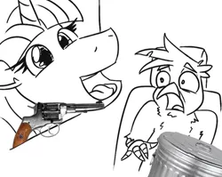 Size: 633x505 | Tagged: safe, artist:jargon scott, edit, editor:velgarn, gallus, princess twilight 2.0, twilight sparkle, twilight sparkle (alicorn), alicorn, gryphon, pony, the last problem, black and white, duo, female, garbage day, grayscale, gun, handgun, lineart, male, mare, monochrome, revolver, scared, silent night deadly night, simple background, trash can, weapon, white background