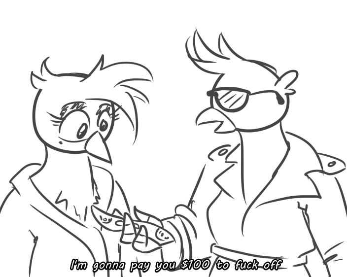 Size: 704x562 | Tagged: safe, artist:jargon scott, gallus, oc, oc:whore birb, gryphon, black and white, clothes, dollar, duo, female, grayscale, male, money, monochrome, simple background, subtitles, sunglasses, trenchcoat, white background