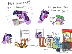 Size: 1196x904 | Tagged: safe, artist:jargon scott, spike, trixie, twilight sparkle, twilight sparkle (alicorn), alicorn, dragon, pony, unicorn, chair, cinder block, comic, controller, cooking pot, dexterous hooves, electrical outlet, electricity, female, food, gamecube, hoof hold, inconvenient trixie, lava lamp, mare, popcorn, refrigerator, simple background, television, white background