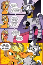 Size: 994x1488 | Tagged: safe, artist:andypriceart, edit, idw, applejack, zecora, earth pony, pony, zebra, spoiler:comic, spoiler:comic89, abuse, angry, buck, female, implied pear butter, kick, mare, not rhyming, out of character, season 10, violence, zecorabuse, zigger, ziggers
