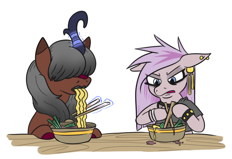 Size: 760x522 | Tagged: safe, artist:jargon scott, derpibooru import, oc, oc:kaumaha ekahi, oc:nada phase, unofficial characters only, earth pony, kirin, pony, chopsticks, duo, duo female, earth pony oc, eating, female, food, glowing horn, goth, hair over eyes, hoof hold, horn, image, kirin oc, levitation, magic, magic aura, mare, noodles, not so dexterous hooves, png, ramen, simple background, telekinesis, white background