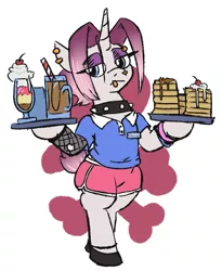 Size: 677x826 | Tagged: safe, artist:jargon scott, oc, oc:claire, unofficial characters only, pony, unicorn, bipedal, choker, clothes, drink, eyebrow piercing, eyeshadow, female, food, goth, hoof hold, lip piercing, makeup, mare, milkshake, mug, pancakes, piercing, shorts, simple background, solo, studded choker, waitress, white background