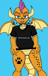 Size: 717x1125 | Tagged: artist:wootmaster, clothes, dragon, edit, implied bestiality, paw prints, shirt, simple background, smolder, suggestive, tattoo
